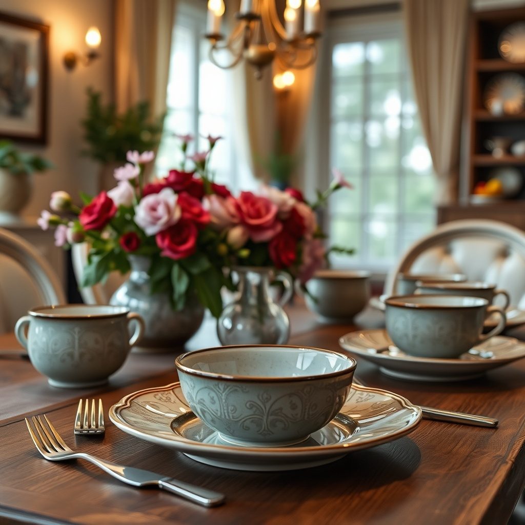 Beautifully arranged ceramic dinnerware